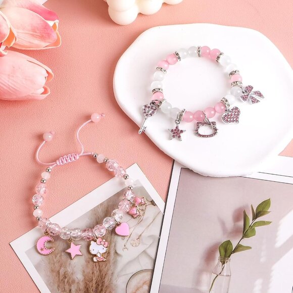 Charming Kawaii Cat Matching Bracelets Set - Crystal Bead & Braided Designs - Picture 4 of 6